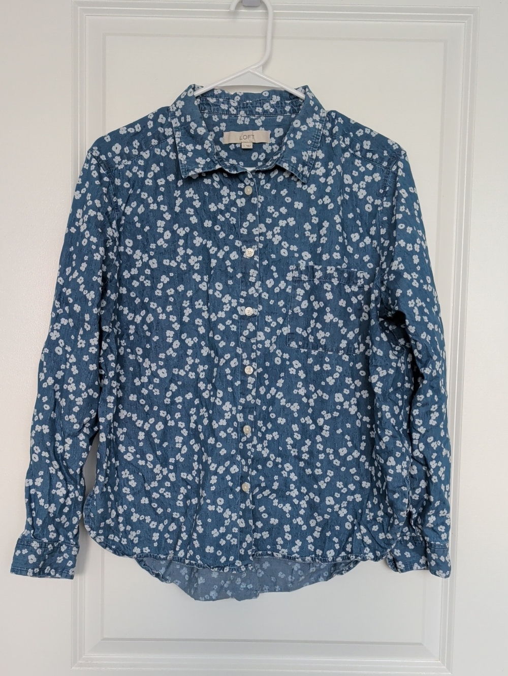LOFT Blue Floral Denim-Style Button-Down Shirt